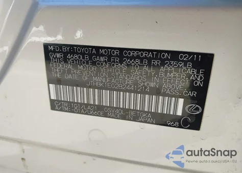 2011 Lexus Es 350 from USA, damaged, VIN JTHBK1EG2B2441214